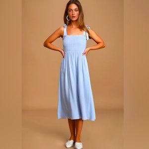 LULUS Looking Up Light Blue Smocked Tie-Strap Midi Dress womens medium